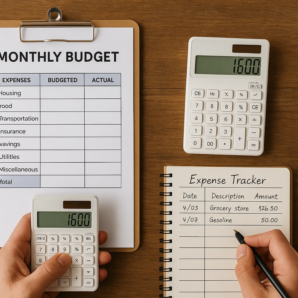 70/20/10 Budget Expense Tracking - Save Me Monthly On: Monthly budget sheet, calculator, and handwritten expense tracker on a wooden desk