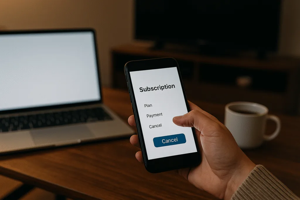 Cancel a streaming subscription on your phone - Save Me Monthly On: Person canceling a streaming subscription on a smartphone in a living room
