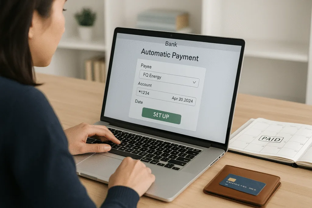 Smartphone showing autopay confirmation with credit card and bill on desk