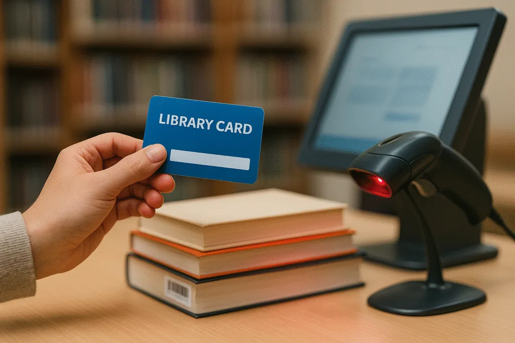 Hand holding a blue library card at a self checkout station with a barcode scanner