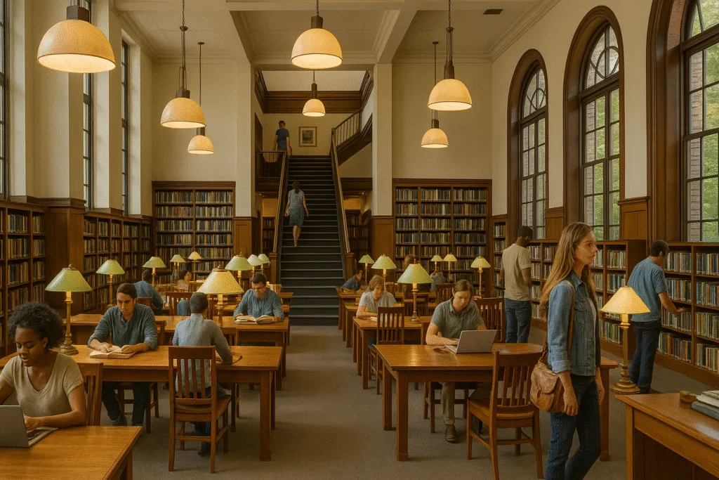 Bright library reading room with long tables, laptops, and tall bookshelves