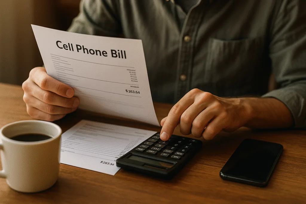 Cut your monthly cell phone bill - Save Me Monthly On: Person reviewing a high cell phone bill with a calculator and smartphone on a wooden table