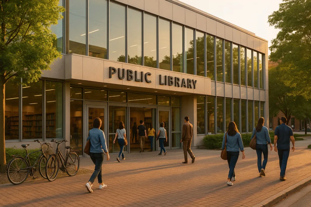 Modern public library entrance at golden hour with people walking in