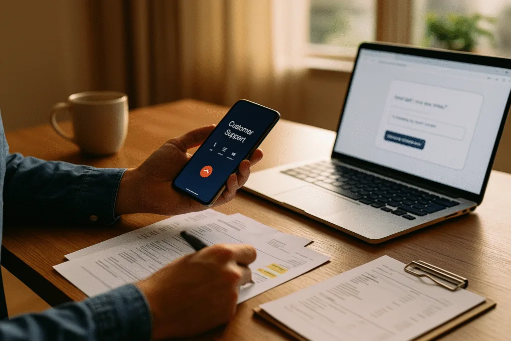 Hand dialing customer support next to unbranded Wi-Fi router and highlighted internet bill