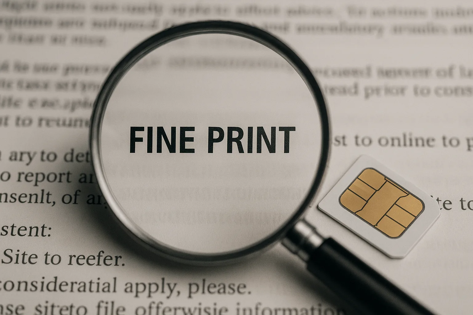 Read the fine print on cheap phone plans - Save Me Monthly On: Magnifying glass over fine print next to a SIM card to highlight fees and terms in cell phone plans