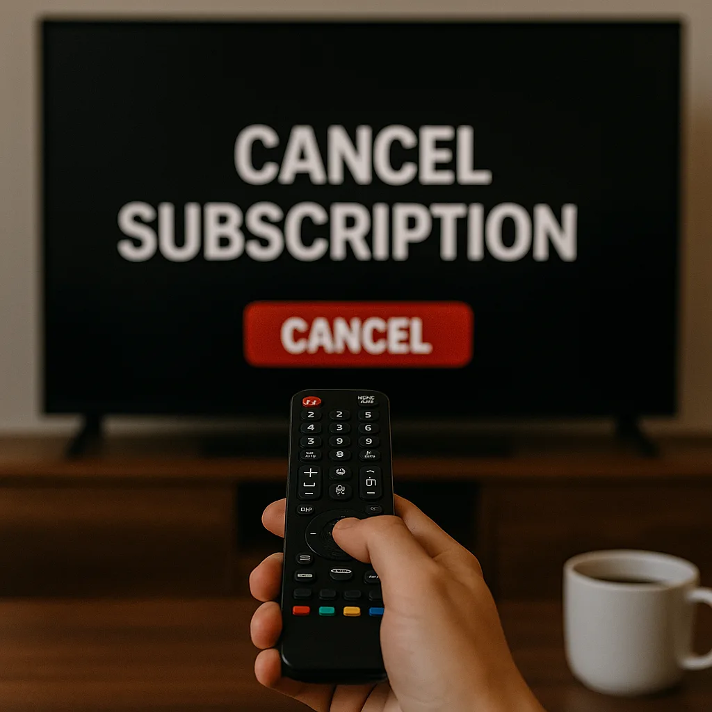 Manage your streaming services - Save Me Monthly On: Hands holding a paper labeled streaming service in front of a TV and coffee mug