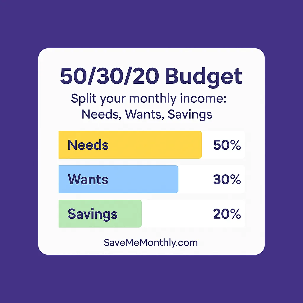 Family budget guide for kids eat free restaurant deals SaveMeMonthly dining savingsFamily budget guide for kids eat free restaurant deals SaveMeMonthly dining savingsSquare 50 30 20 budget graphic on purple background with clear bars for needs wants and savings