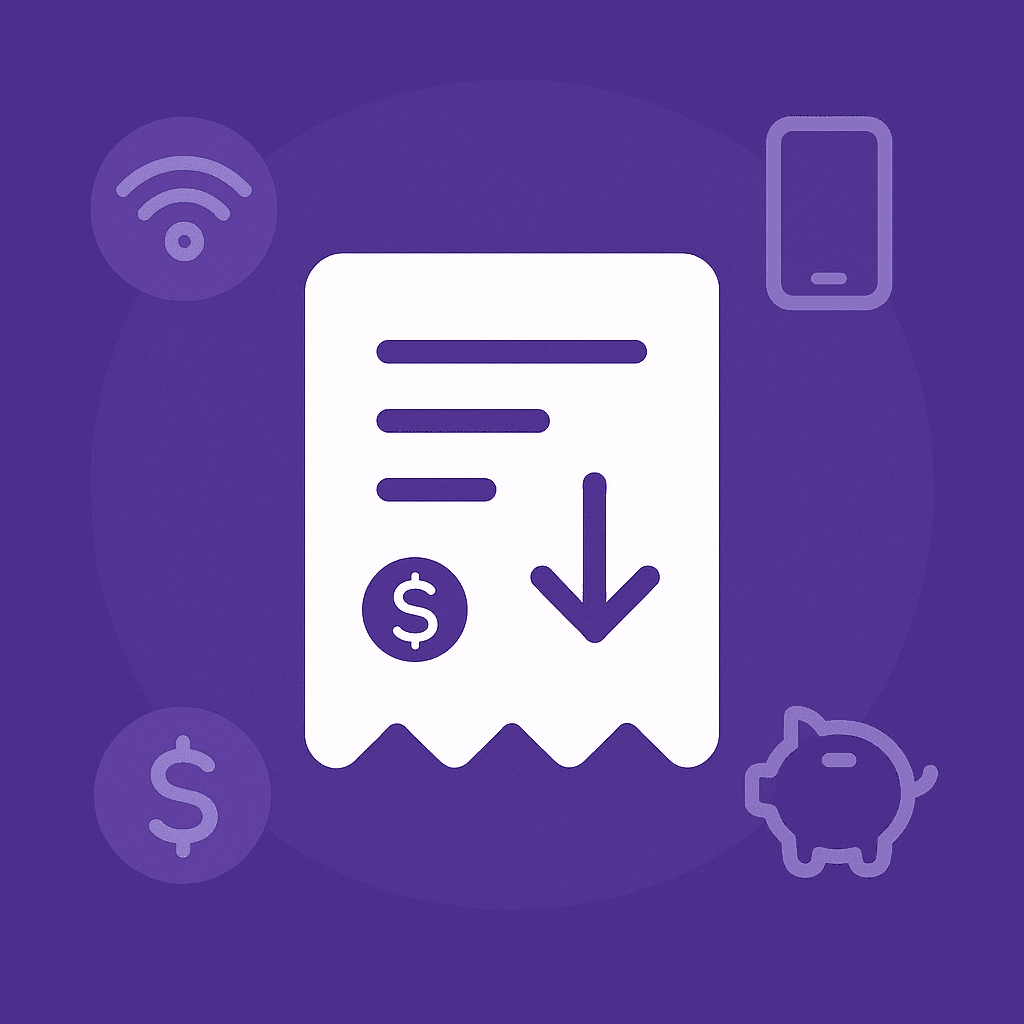 Minimal featured image with white receipt and down arrow icons on a purple background representing lower monthly bills