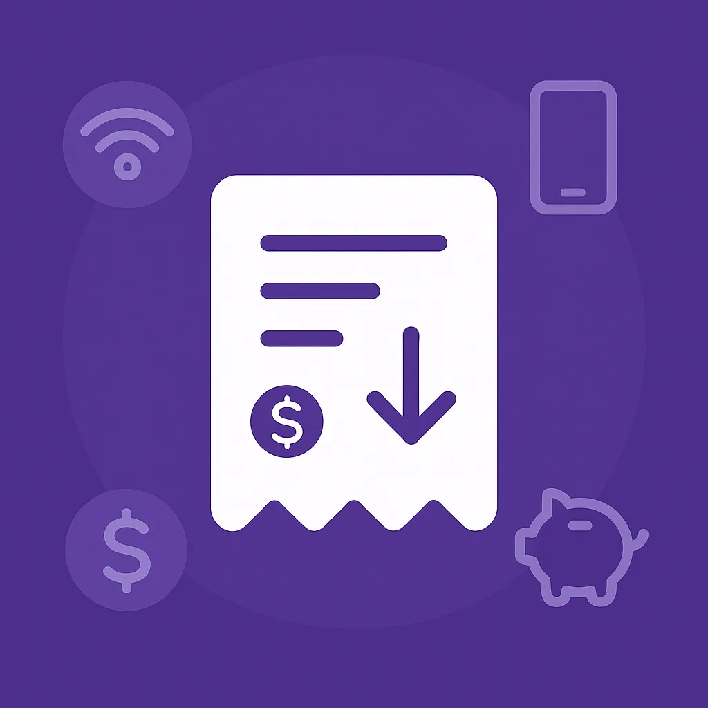 Minimal featured image with white receipt and down arrow icons on a purple background representing lower monthly bills