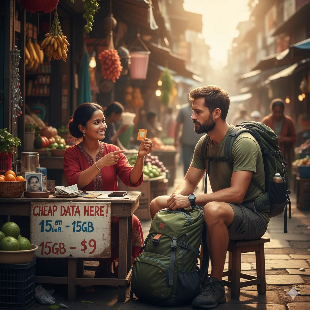 Backpacker buying a local SIM card from a vendor in a vibrant market.