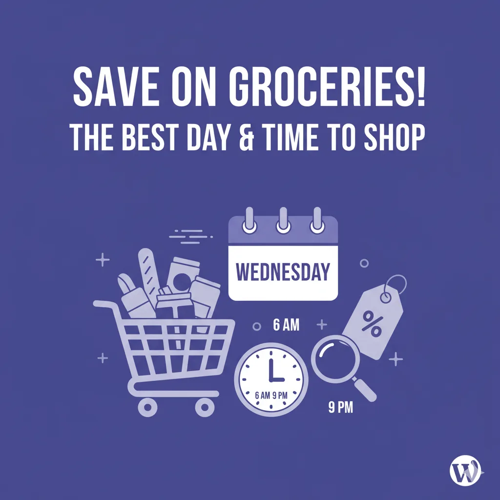 Calendar showing Wednesday, a shopping cart, clock, magnifying glass, and discount tag on a purple background, illustrating the best day and time to shop for groceries.