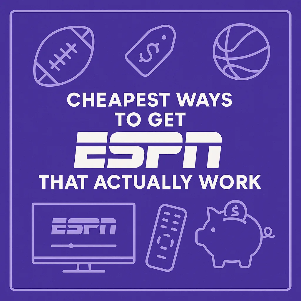 Cheapest way to get ESPN without cable in 2025, title graphic on purple background