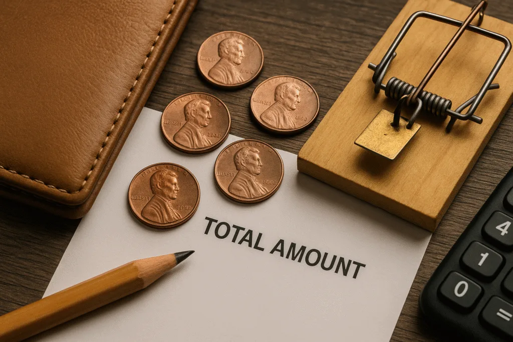 Common Pitfalls That Quietly Drain Your Wallet - Save Me Monthly On: Wallet with coins, mousetrap, and calculator symbolizing hidden expenses