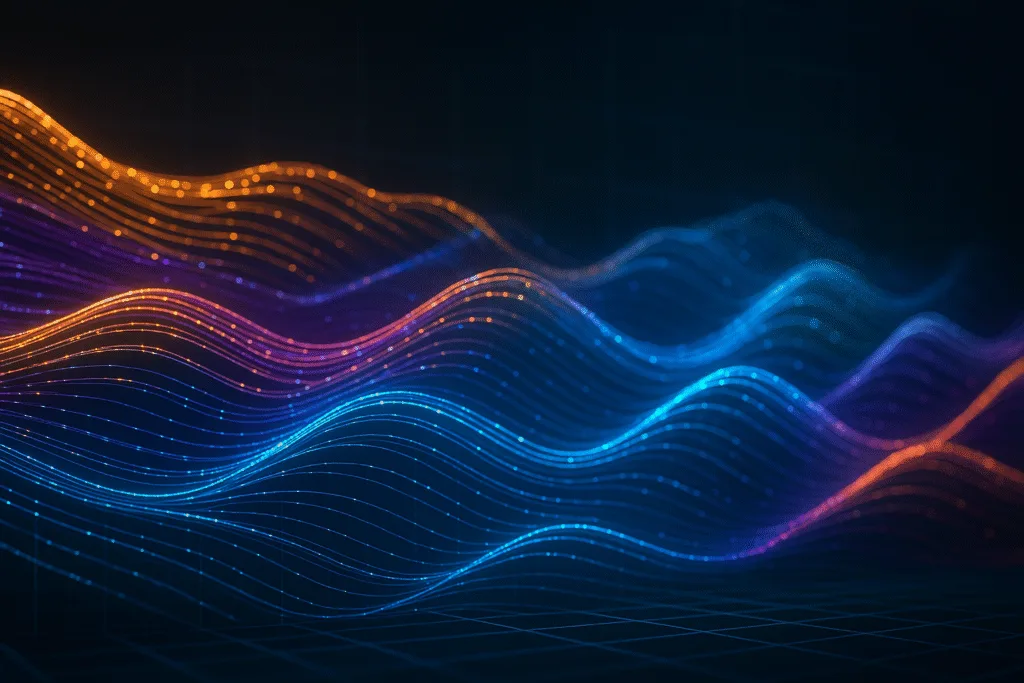 binary numbers floating over colorful digital waves