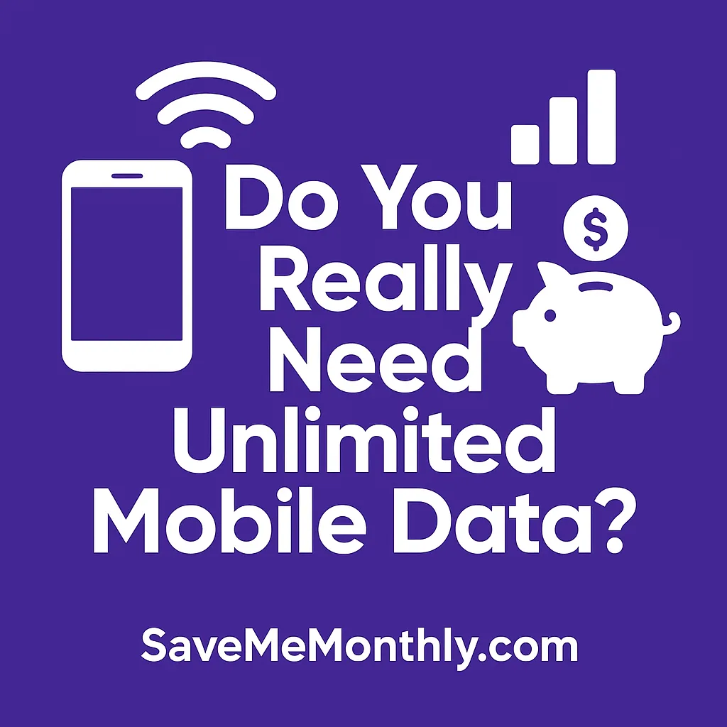 Do you need unlimited mobile data? Smartphone with Wi-Fi symbol, signal bars, and a piggy bank on a purple background.