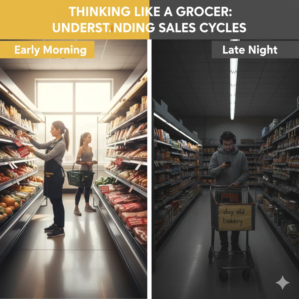 Woman happily reviewing a grocery receipt in a store, contrasted with a frustrated woman looking at a high grocery delivery app total on her phone.