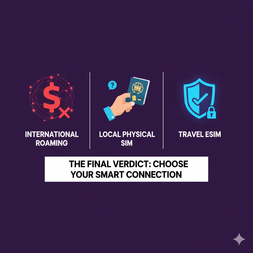 Visual comparison of international roaming, local SIM, and eSIM for travel data.