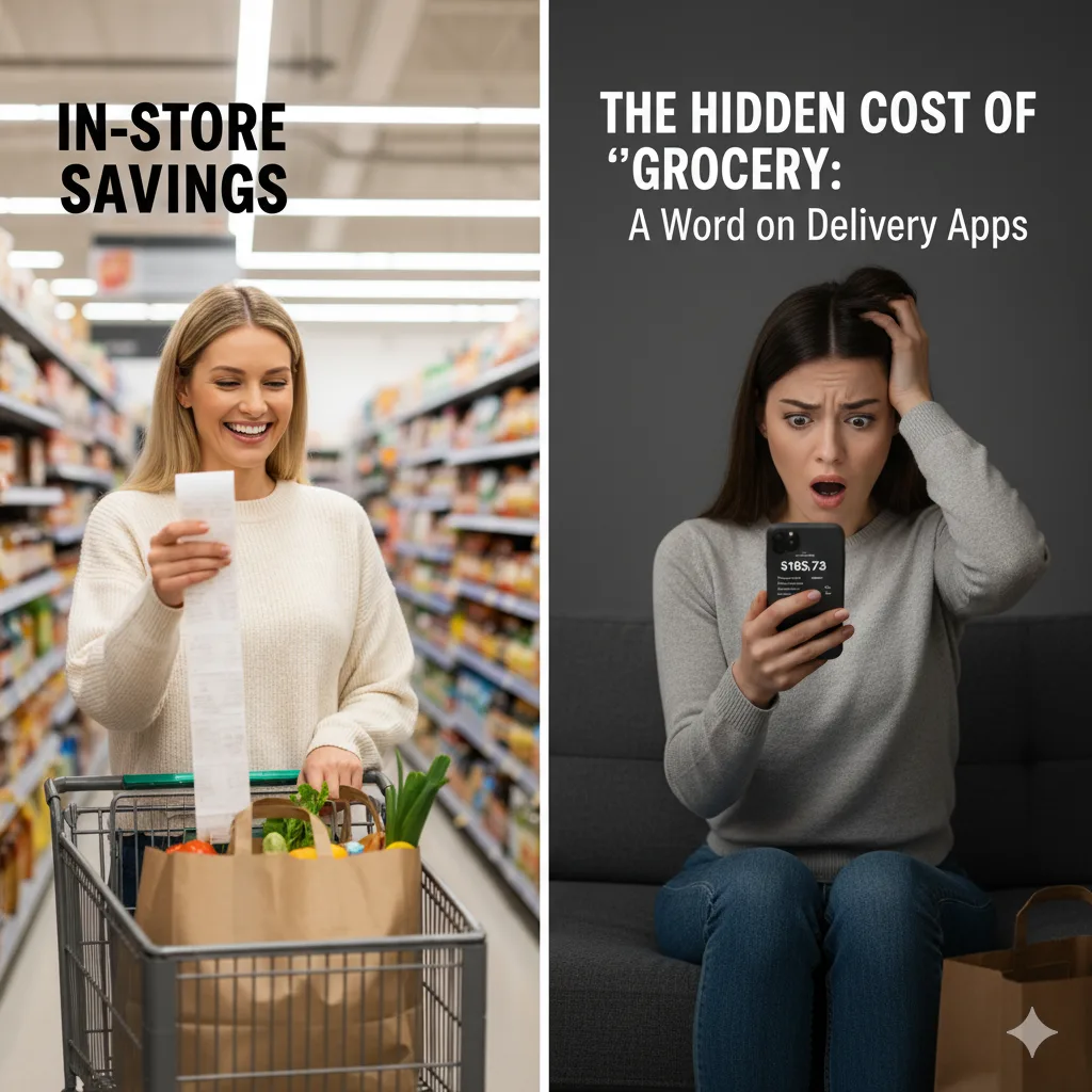 Woman happily reviewing a grocery receipt in a store, contrasted with a frustrated woman looking at a high grocery delivery app total on her phone.