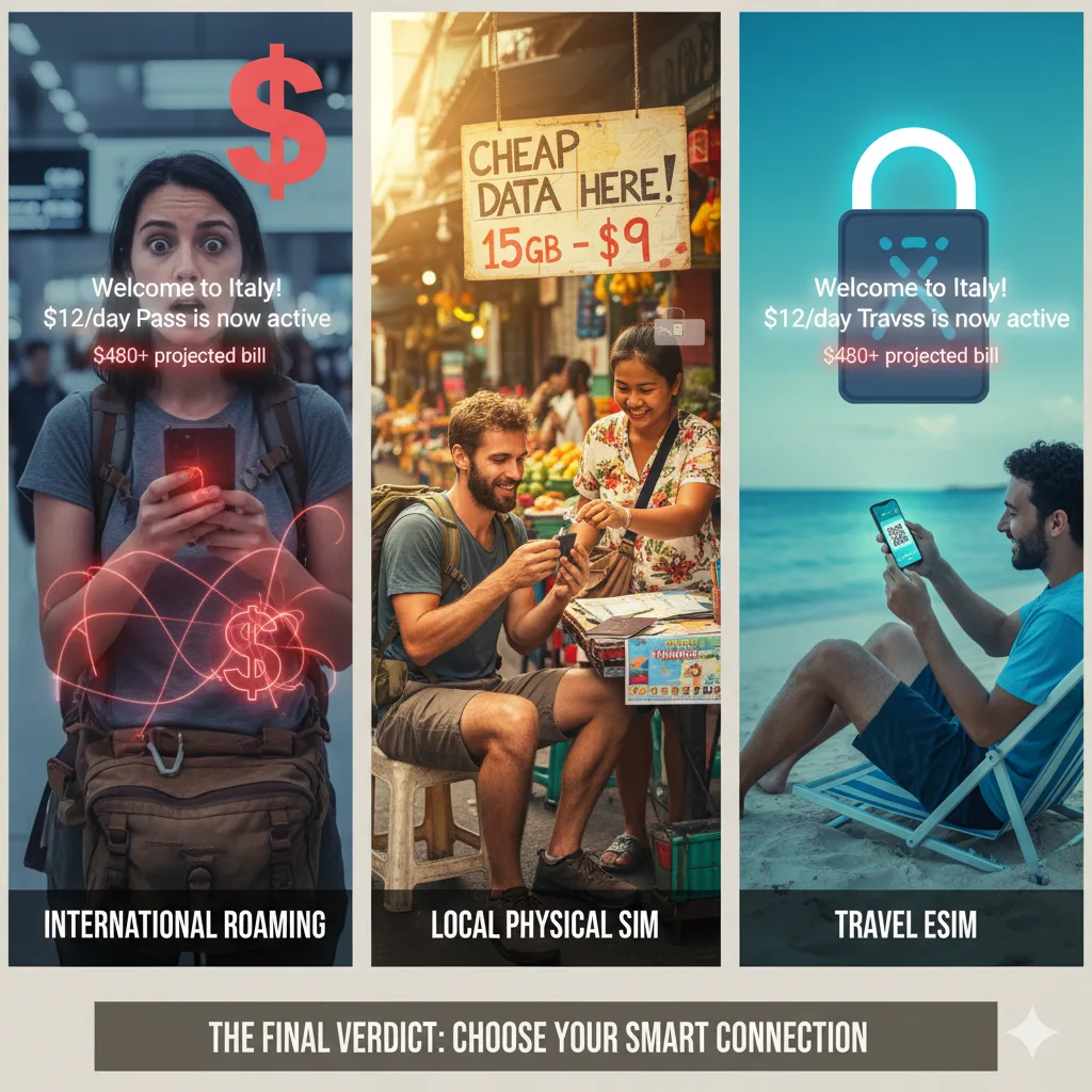 Worried traveler at an airport seeing high roaming charges on phone.