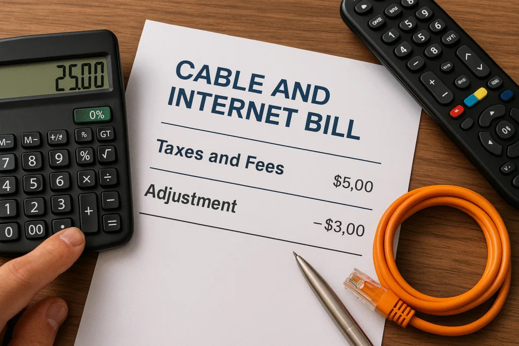 How to Lower Taxes and Fees on Cable and Internet Bills - Save Me Monthly On: Calculator and cable internet bill with taxes and fees adjustment