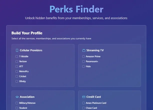 Featured image for Perks Finder, showing a search bar to 'Find Your Perks' and a 'Search' button, highlighting hidden benefits from memberships, services, and associations.