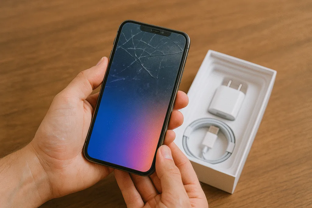 refurbished-smartphones - Save Me Monthly On: Person holding a smartphone with a cracked screen above a box of accessories