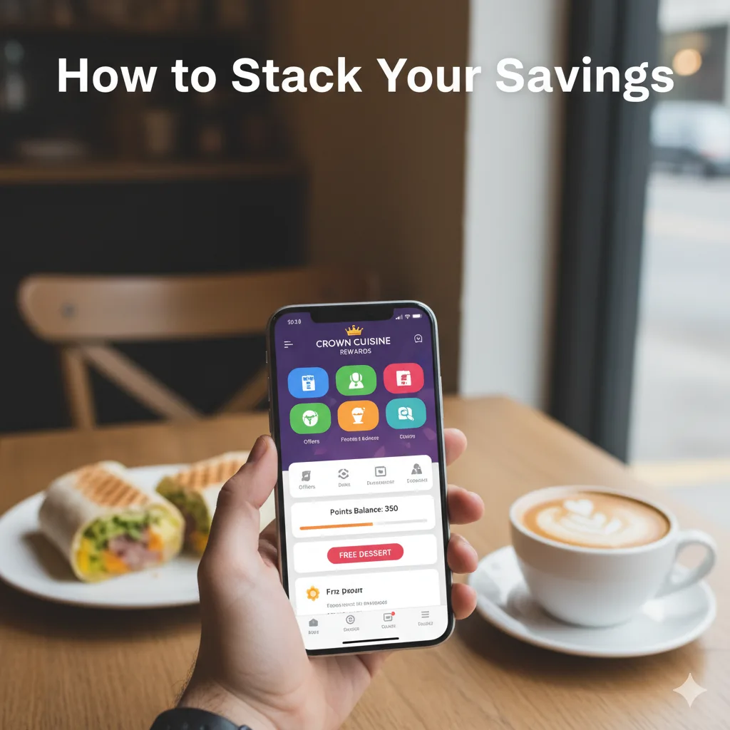 Hand holding smartphone displaying a generic restaurant loyalty app on a cafe table with coffee and a wrap.