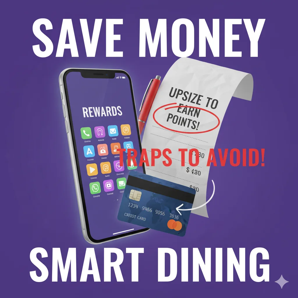 Smartphone with restaurant rewards app, credit card, and receipt showing "upsize to earn points" on a purple background with text "SAVE MONEY SMART DINING TRAPS TO AVOID!".
