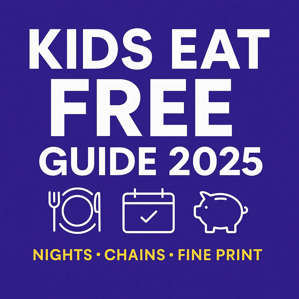 Kids eat free guide 2025 featured image on a purple background with plate, calendar, and piggy bank icons