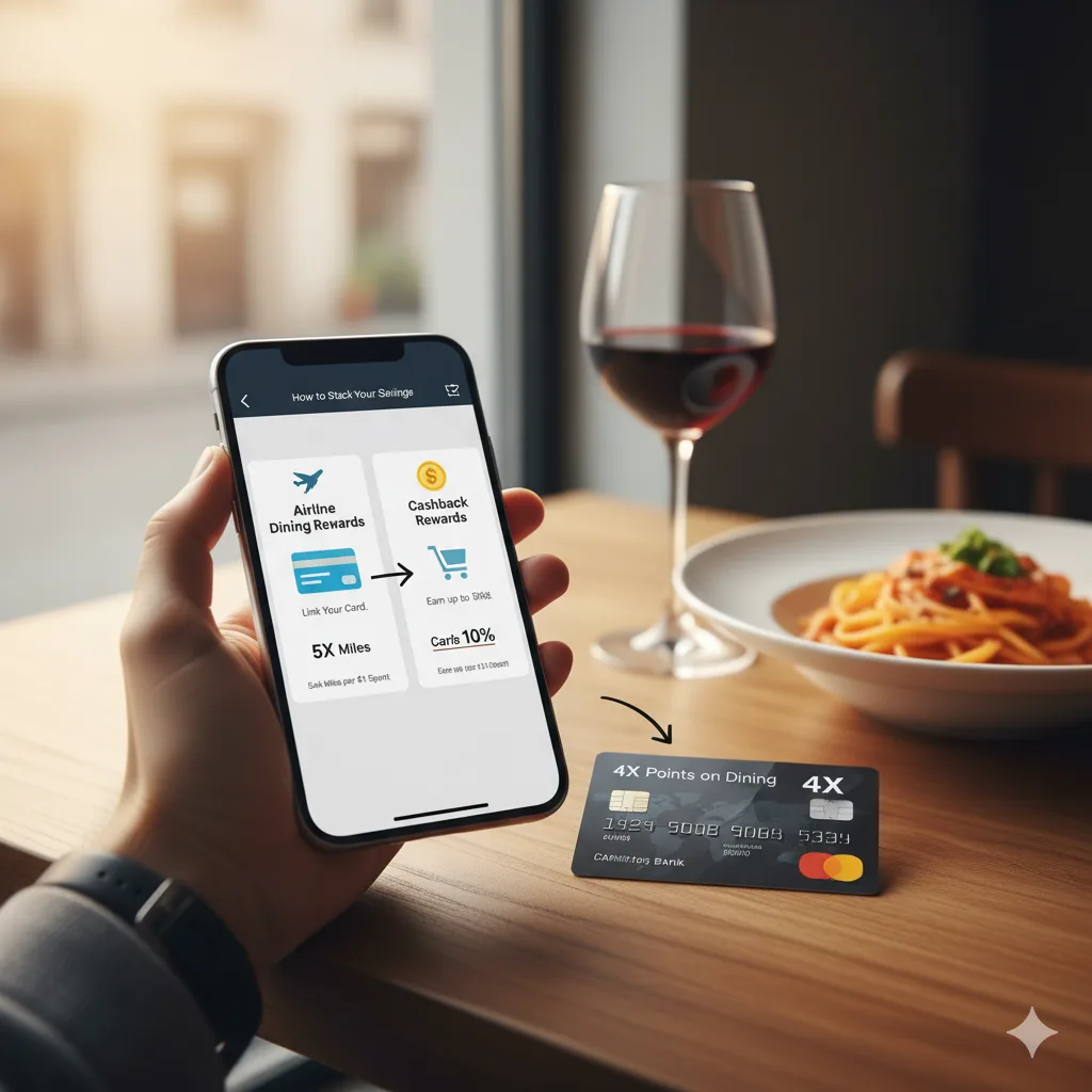 Smartphone showing stacked dining rewards options next to a credit card at a restaurant table.
