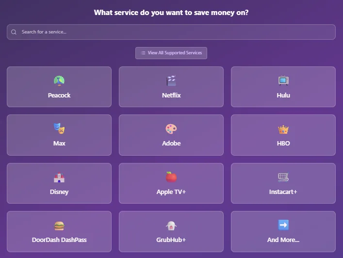 Screenshot of the Subscription Saver tool, showing the search interface to find discounts on services like Peacock, Netflix, Hulu, and Max.
