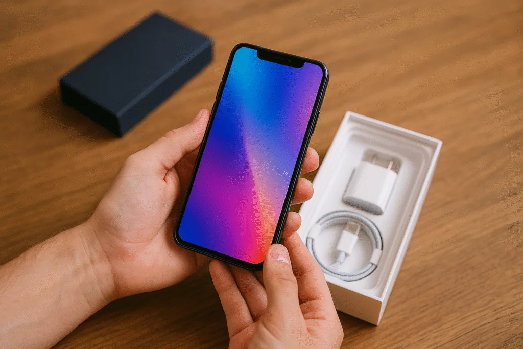 upgrading-cell-phones - Save Me Monthly On: Hands holding a brand-new smartphone with accessories in the box