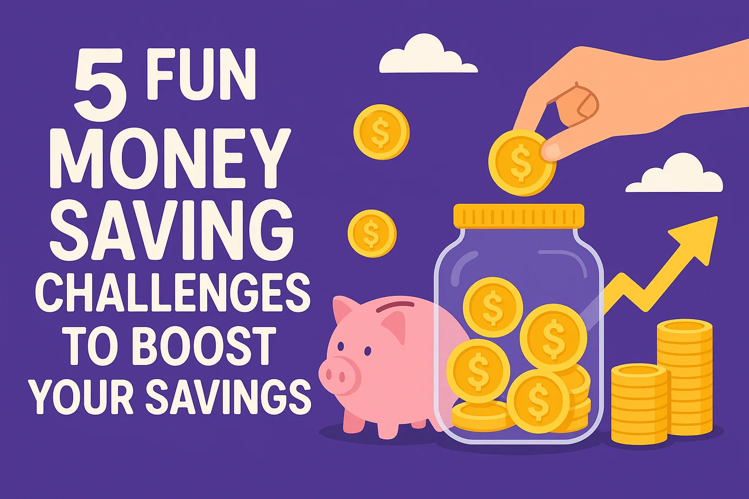 An illustration of fun money-saving challenges, including a piggy bank and a savings jar, on a vibrant purple background, representing ways to boost your savings.