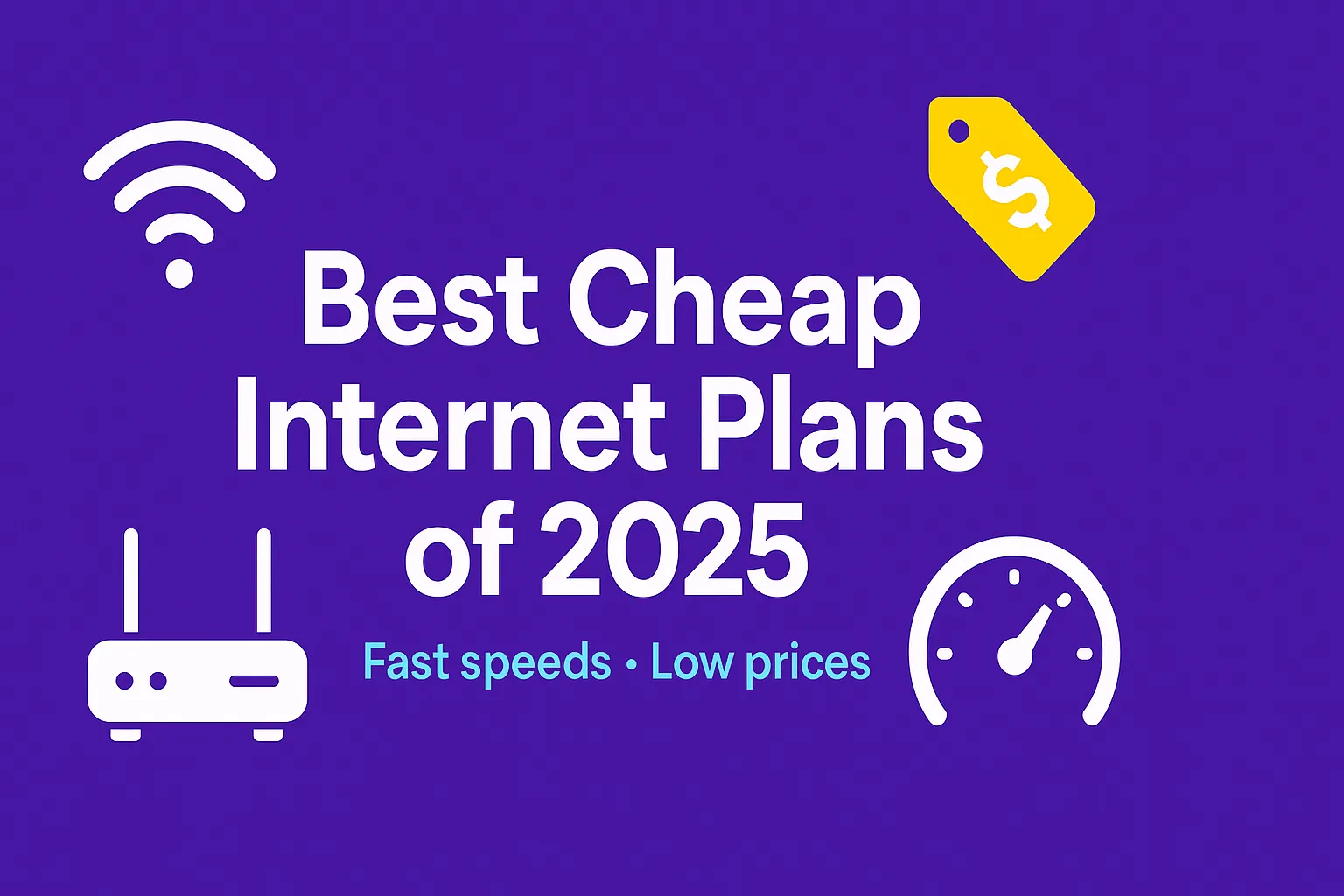 Best cheap internet plans of 2025 – centered headline with Wi-Fi, price tag, and speedometer icons on purple background (#512D91).