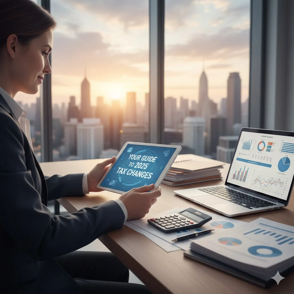 Navigating 2025 Tax Changes - Save Me Monthly On: Businesswoman reviewing 2025 tax changes on a tablet in a modern office with city skyline at sunset