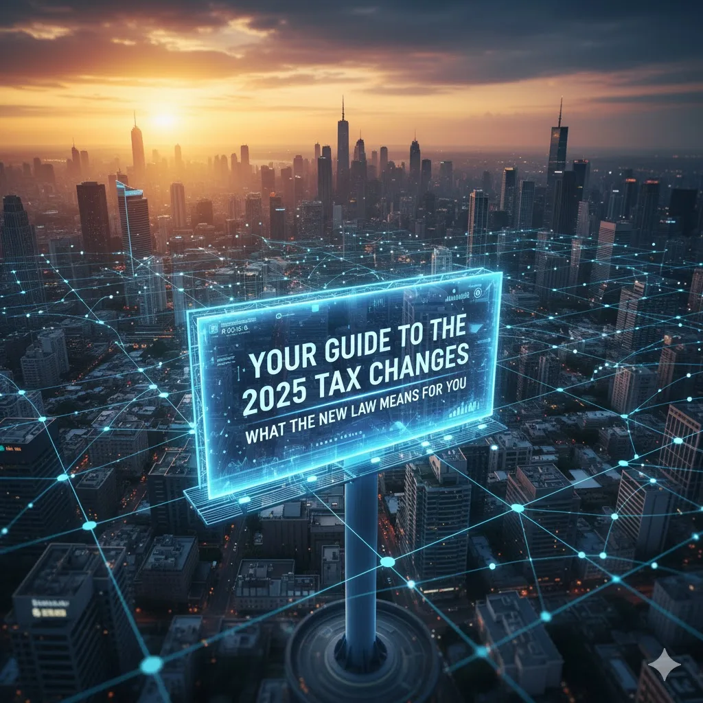 Digital Guide to Tax Changes - Save Me Monthly On: Digital billboard with "Your Guide to 2025 Tax Changes" over a connected city at sunset