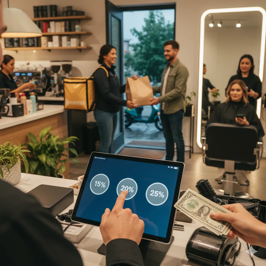 Person's hand tapping "20%" on a digital tipping screen at a counter, with a coffee shop and salon in the background.
Title:
