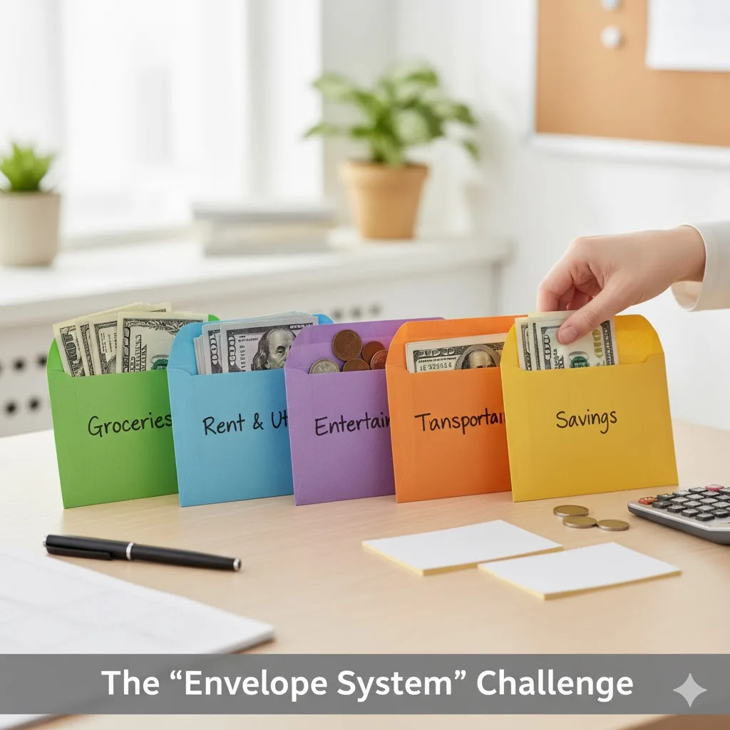 Hand placing money into a "Savings" envelope, part of a row of colorful envelopes labeled for different budget categories, demonstrating the envelope system challenge.