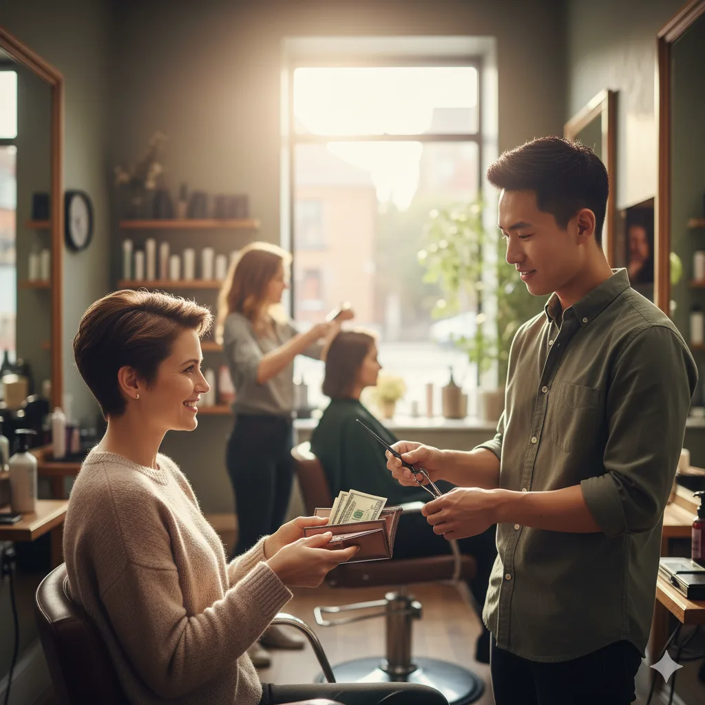 Client handing a wallet with cash to a smiling hair stylist in a sunny salon, illustrating tipping for personal care services.