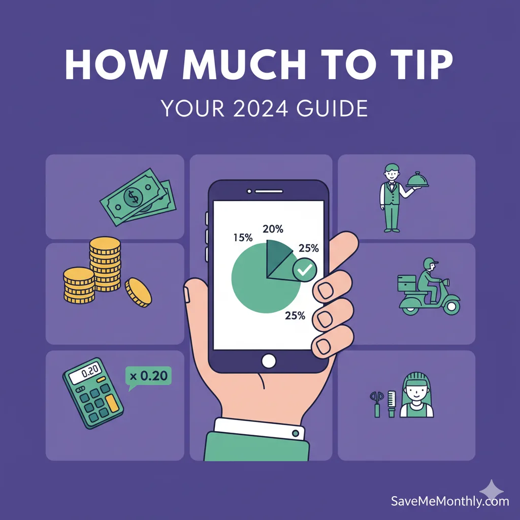 Tipping guide chart on a smartphone, showing money, a server, delivery person, and hairdresser, with a calculator for "how much to tip".