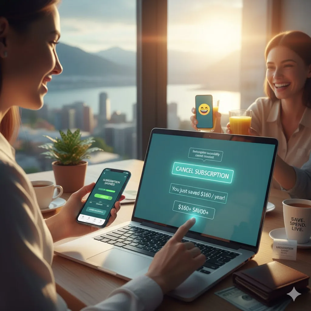 Woman smiling while clicking 'Cancel Subscription' on her laptop, with a smartphone showing savings, and a friend happily raising a toast in the background.