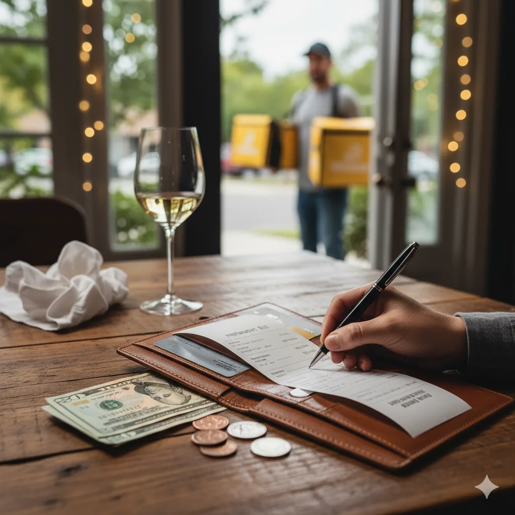 Client handing a wallet with cash to a smiling hair stylist in a sunny salon, illustrating tipping for personal care services.