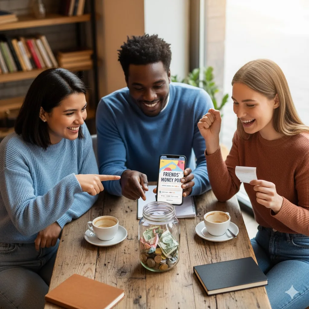 Three diverse friends happily looking at a smartphone displaying a "Friends' Money Pool" app, next to a jar of money, symbolizing a saving challenge with friends.