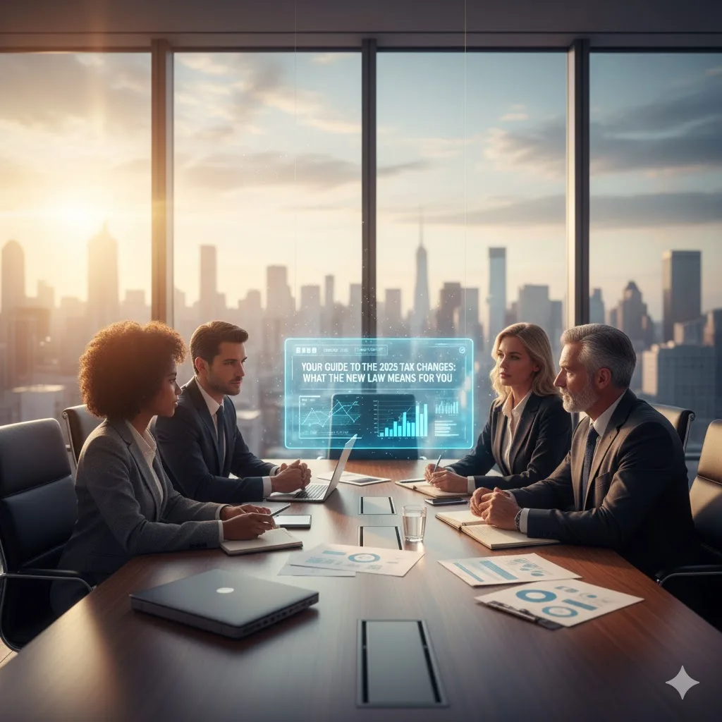 Team Discussing 2025 Tax Insights - Save Me Monthly On: Diverse business team discussing 2025 tax changes with a holographic display in a boardroom