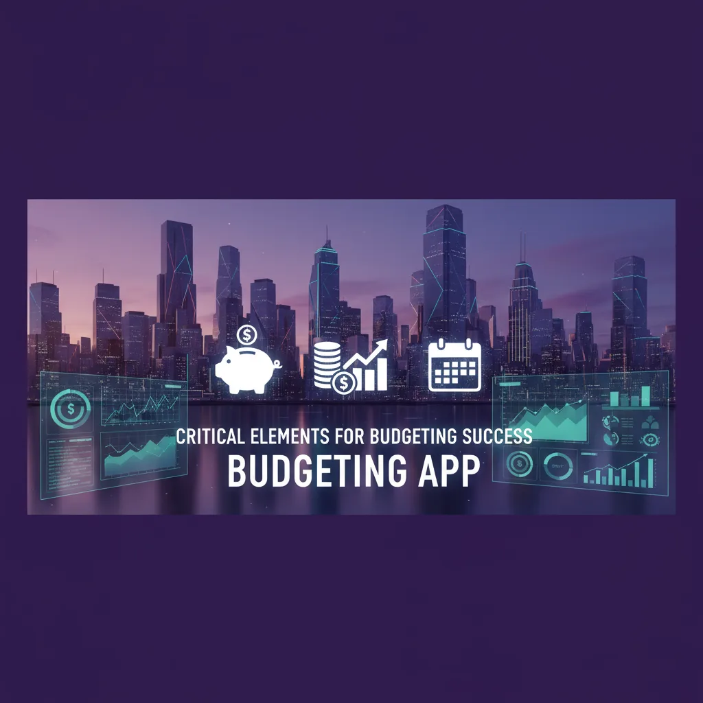 Modern budgeting app dashboard with financial icons, centered on a bold purple background (#512D91)